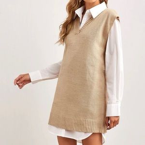 Beige V neck sweater vest dress